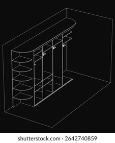 A black and white line drawing of a wardrobe with a shoe rack, featuring clean outlines and a dark background. The minimalist style creates a mysterious atmosphere, perfect for modern interior.