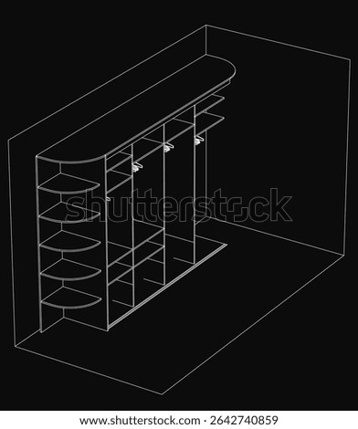 A black and white line drawing of a wardrobe with a shoe rack, featuring clean outlines and a dark background. The minimalist style creates a mysterious atmosphere, perfect for modern interior.