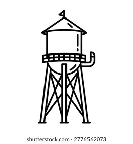 Black and white line drawing of a water tower with a flag on top, standing on a metal latticework structure