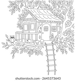 Black and white line drawing of a whimsical treehouse with an owl perched on a branch mushrooms and a rope ladder. Leaves surround the treehouse.