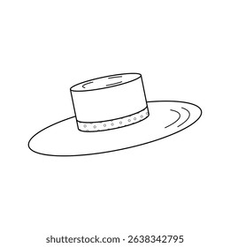 Black and white line drawing of a wide-brimmed summer hat with a polka dot ribbon. Simple vector illustration for coloring books, fashion themes, or design elements.