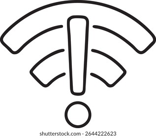 A black and white line drawing of a wifi signal icon with an exclamation point, indicating a problem or warning.