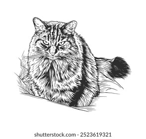 Black and white line drawing of a wildcat crouched low, appearing alert and focused.