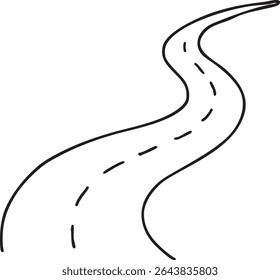 Um desenho de linha preto e branco de uma estrada sinuosa com linhas tracejadas que marcam o centro, isolado em um fundo branco.