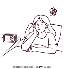 Desenho de linha preto e branco da mulher na cama olhando preocupada e incapaz de dormir, com despertador mostrando 4:18 e símbolo de ansiedade mental acima de sua cabeça