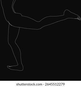 A black and white line drawing of a woman in a yoga pose, with outstretched arms and bent knees, showcasing flexibility and grace. The model's legs are elegantly positioned against a solid black.