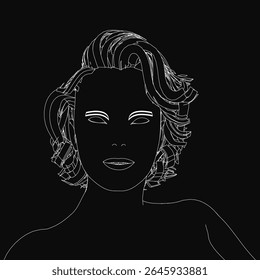Um desenho em linha preta e branca do rosto de uma mulher com uma expressão séria, contemplando atentamente a distância. Seu cabelo é puxado para trás, lábios ligeiramente separados, criando um olhar misterioso e sedutor.