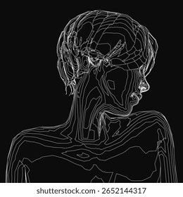A black and white line drawing of a woman's face with closed eyes and slightly parted lips. Her hair is pulled back in a neat bun, and her serene expression stands out against the dark background.