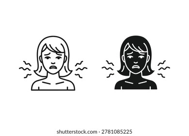 Black and white line drawing of a womans face in profile showing signs of heat or exertion with sweat droplets. Simplified, expressive style.