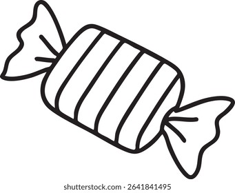 A black and white line drawing of a wrapped candy with horizontal stripes and twisted ends of the wrapper.