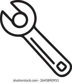 A black and white line drawing of a wrench, a common tool used for tightening and loosening bolts and nuts.