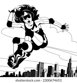 Dibujo en línea blanca y negra de una joven con auriculares saltando sobre una tabla de patinaje contra el horizonte de la ciudad. Ilustración del vector