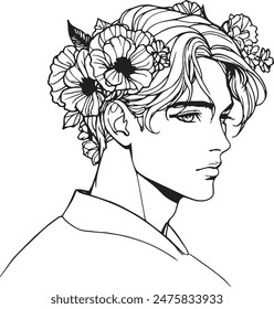 Black and white line drawing of a young man with dark hair and a flower crown, reflecting a pensive mood.