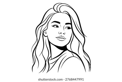 A black and white line drawing of a young woman with long wavy hair and a neutral expression.
