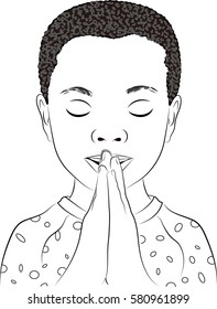 A black and white line drawing of a young boy praying.