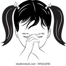 A black and white line drawing of a young girl with her hands folded saying her prayers.