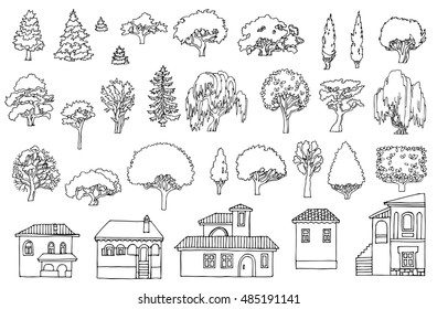 Black and white line drawing.Landscape hand drawn isolated elements vector set. Various shaped sketchy trees,bushes and houses