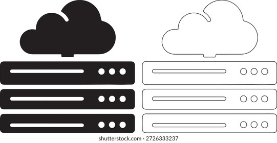 Black and white line drawings of cloud computing servers with cloud icons, in a simple and modern style, representing data storage and processing