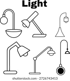 Desenhos a preto e branco de diferentes tipos de lâmpadas e aparelhos de iluminação para uso interno, incluindo lâmpadas de secretária, lâmpadas de chão e lâmpadas de mesa
