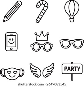 Black and White Line Drawings of Party and Celebration Related Items for Decoration and Design Projects Celebration Icons