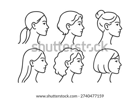 Black and white line drawings showcasing various women’s hairstyles from a side perspective.