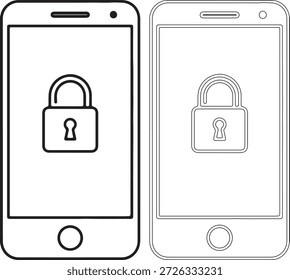 Desenhos em preto e branco de dois smartphones lado a lado, cada um exibindo um ícone de cadeado em suas telas, em um estilo simples e moderno