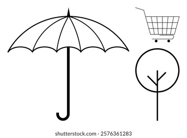 Black and white line drawings of an umbrella, shopping cart and a simplified tree. Ideal for art, simplicity, design, weather and shopping. These modern representations focus on minimalistic styles