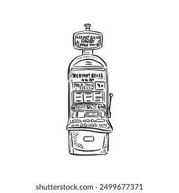 A black and white line drawn gambling machine, slot machine or fruit machine, drawn by hand as a vector. 