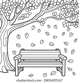 Black and white line of an empty park bench under a large tree with falling leaves