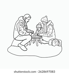 linha preta e branca. família rezando na frente de velas. Ilustração de estilo de desenho animado