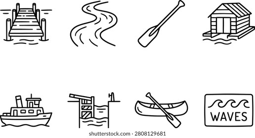 Black and white line featuring a tugboat, canoe with paddle, dock, river, boathouse, and a water lock.