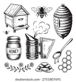 A black and white line featuring various beekeeping including a beehive, honeycomb, bees, a honey jar, a honey dipper, a smoker, and a beekeeper veil. The also includes a honeycomb pattern and........