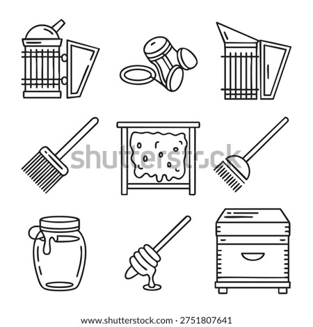 A black and white line featuring various beekeeping tools and honey extraction equipment. The includes a beehive, a honey jar with dripping honey, a honey dipper, a bee smoker, a hive tool with......