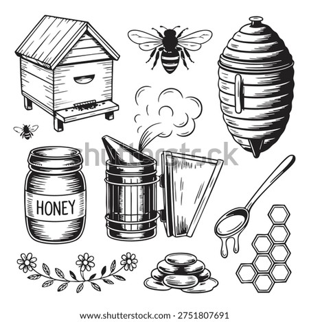 A black and white line featuring various beekeeping including a beehive, honeycomb, bees, a honey jar, a honey dipper, a smoker, and a beekeeper veil. The also includes a honeycomb pattern and........