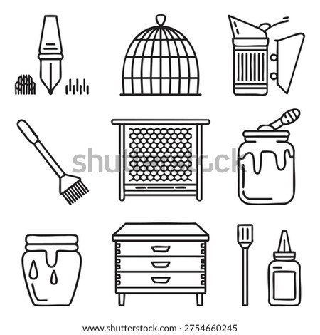 A black and white line featuring various beekeeping tools and honey jars. The includes a beehive, honey dipper, honey jar, brush, smoker, and other beekeeping equipment, all depicted in a.........