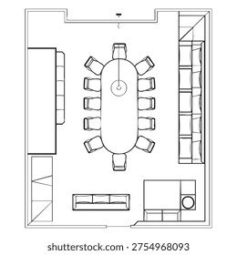 A black and white line of a floor plan for a meeting room featuring an oval table surrounded by chairs, bookshelves, a sofa, and a coffee table. The layout is minimalist and detailed, showing......
