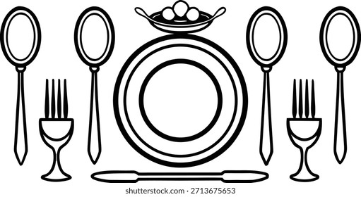 Línea en blanco y negro de utensilios de comedor formales y placa 1