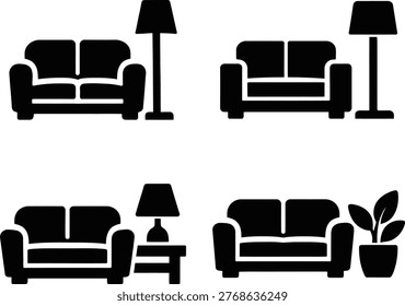 Black and white line of four identical chairs with different backrest arranged symmetrically on a white background in a minimalist and abstract style.