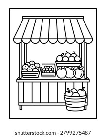 Black and white line of a fruit stand with apples and grapes in baskets and buckets market stall produce coloring book page in white background
