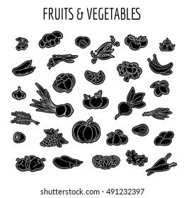 Black and white line fruit and vegetables icon set vector illustration