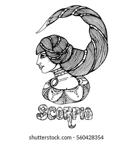 black and white line of the girl's head in profile with hair long curved tail resembling a Scorpion's tail. The symbol of the zodiac sign Scorpio, a sign Scorpio. illustration for a horoscope