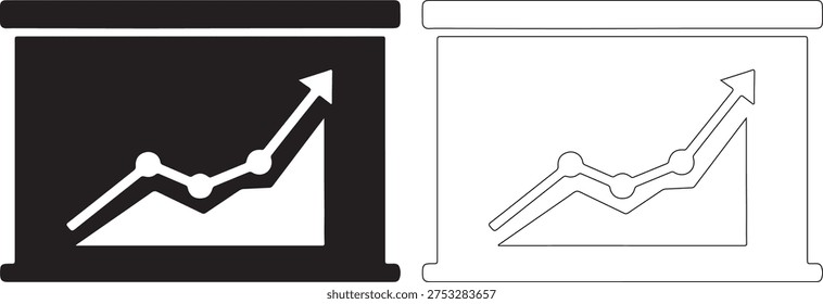 A black and white line graph with arrows on a screen and a similar graph isolated on a white background, both in a simple style