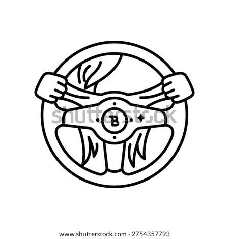 Black and white line of hands gripping steering wheel with letter b emblem