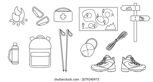 Black and White line hiking and travel equipment bundle. Set of boots, nordic walking sticks, map, thermos, cap, backpack, first aid kit, sign, fire, carbines, rope. Vector illustration in flat style