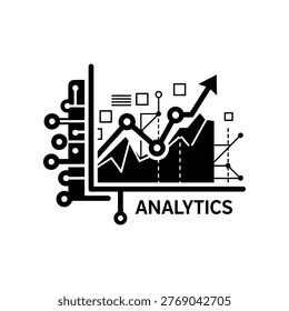 Black and white line icon of analytics graph with upward trend, data visualization concept