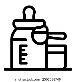 Black and white line icon of a baby bottle being prepared with a scoop of powdered milk formula