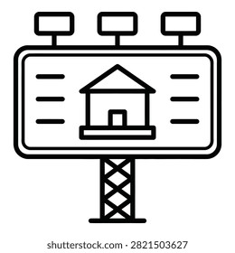Black and white line icon of a billboard displaying a house symbol and text lines. Ideal for advertising, real estate marketing, and property sale concepts.
