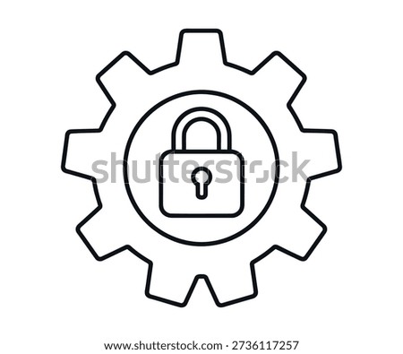 A black and white line icon depicting a gear with a padlock inside, symbolizing security settings and data protection.