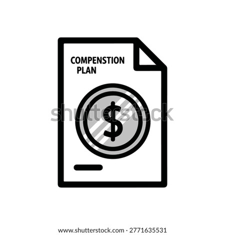 A black and white line icon depicting a document labeled 'Compensation Plan' with a dollar sign symbol, representing financial rewards.