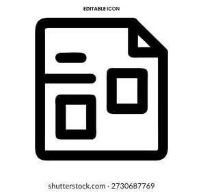 A black and white line icon of a document with rectangular placeholders and a folded corner.